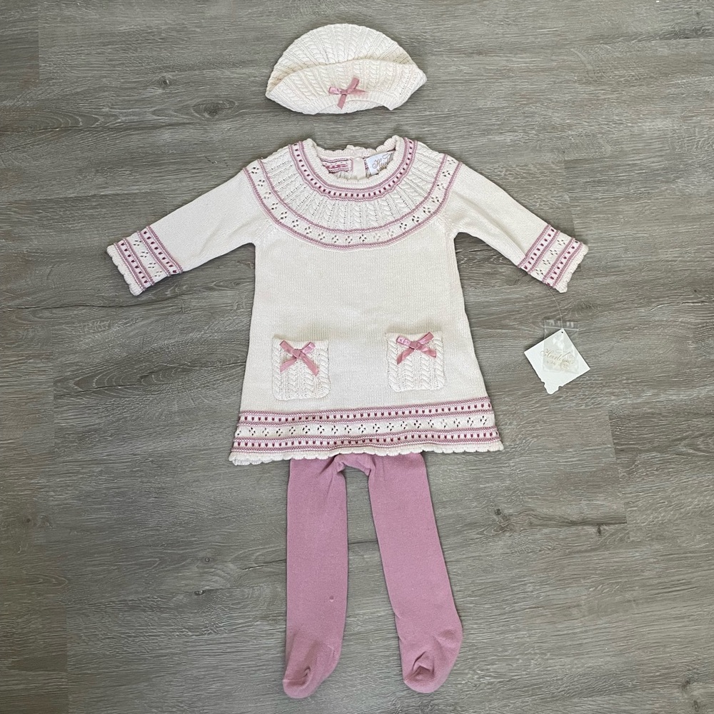 Baby dress set from Heirlooms by Polly Finders, white and pink, size 3-6m.